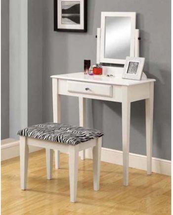 Monarch I 3390 Vanity Set - 2pcs Set / White With A Zebra Fabric Stool; This classy 2 piece vanity set will be a fabulous addition to your bedroom or dressing area; Create a peaceful space to get ready for your day, or for a fun night out; This piece features smooth lines, solid wood legs, a vertical swivel mirror, and a center drawer to keep brushes, make-up or other accessories; UPC  021032258696 (I3390 I 3390 I 3390)